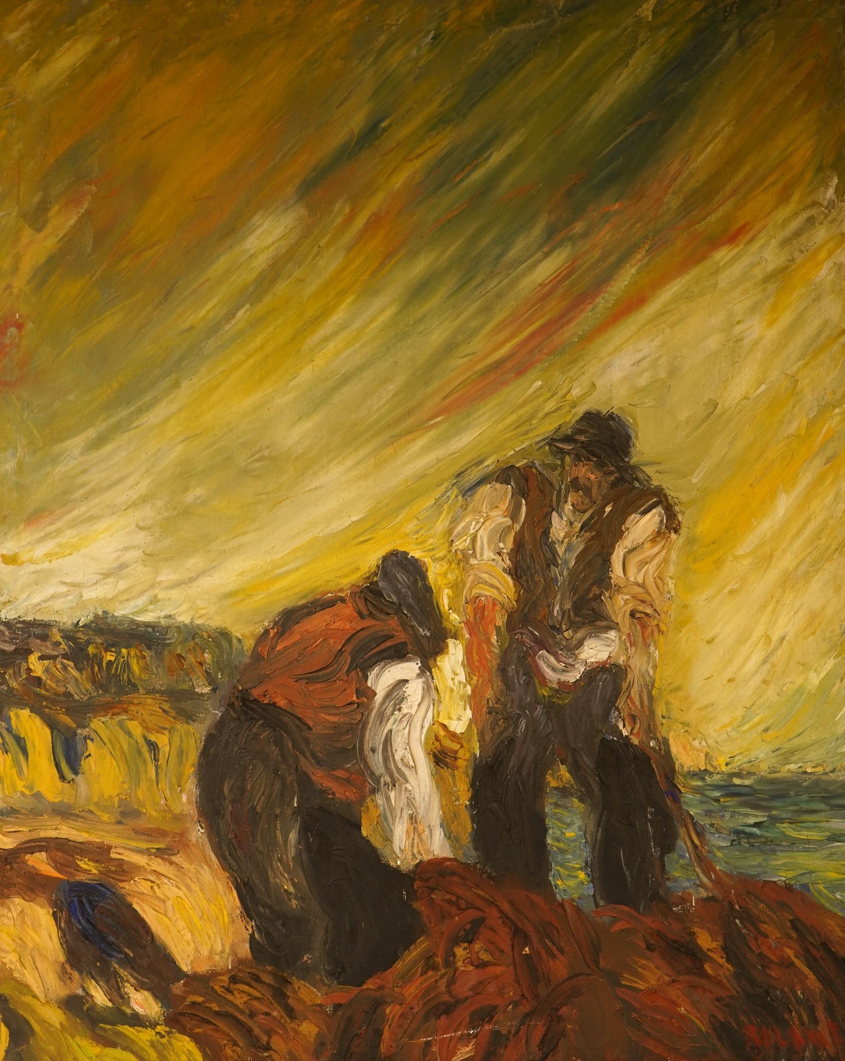 Roland, Two figures before a coastline, impasto oil on canvas, signed, 59 x 49cm